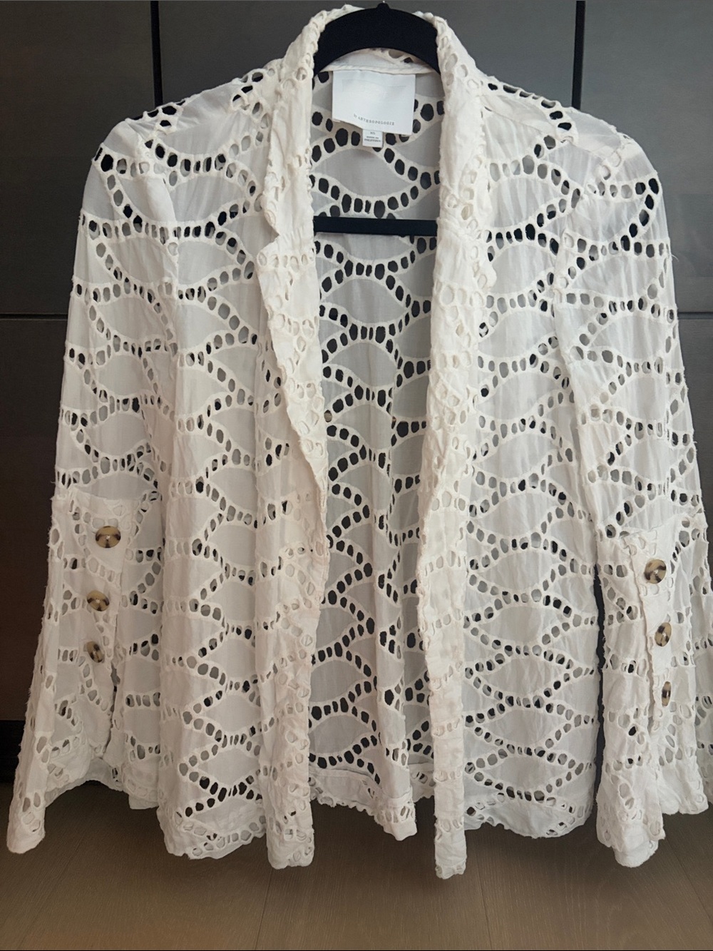 Anthropologie White Eyelet Lace Open-Front Jacket